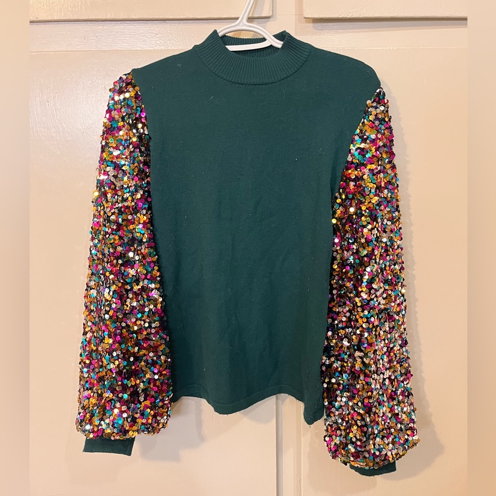 Green/Teal Sweater with Sequin Sleeves